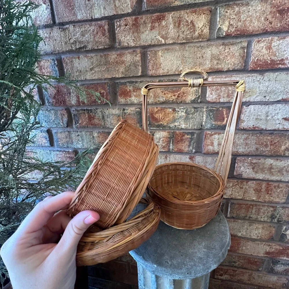 Vintage Woven Bamboo 2 Tier Wedding Basket Picnic Carrier with Handle Brown